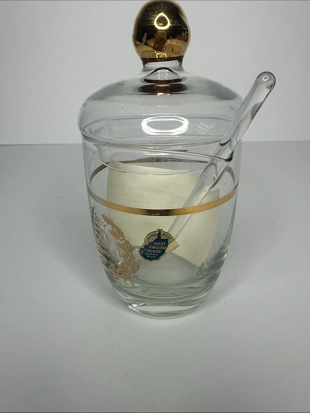 Vintage Gold-Accented Clear Glass Candy Jar with Spoon